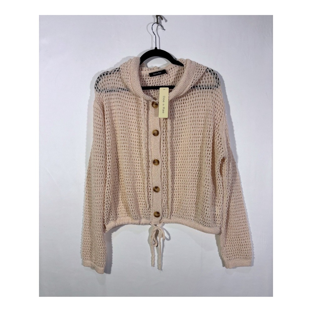 Festival Boho Crochet Doe & Rae Hooded Cardigan Sweater Womens Size Medium Beige
